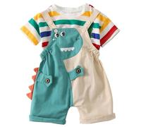 AOOPOO Bebè Bambini Ragazzi Abbigliamento Set Maglietta a Maniche Corte a Righe Arcobaleno Cotone + Pantaloncini Corti Salopette Estiva con Motivo Dinosauri 3D Salopette Corta 6 Mesi-4 Anni