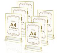 AOOSU Supporti per Cartelli in Acrilico A4, 6 Pezzi Espositore da Tavolo, Espositore Plexiglass di T Bordo Dorato Verticale, Porta Menu per Ristoranti Hotel Negozio Ufficio