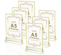 AOOSU Supporti per Cartelli in Acrilico A5, 6 Pezzi Espositore da Tavolo, Espositore Plexiglass di T Bordo Dorato Verticale, Porta Menu per Ristoranti Hotel Negozio Ufficio