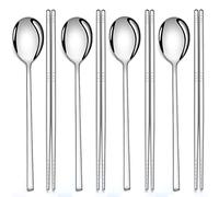 AOOSY Set di 4 paia di bacchette e 4 cucchiai coreani in acciaio inox, da cucina, riutilizzabile, con manico lungo e manico piatto, per casa, cucina o ristorante