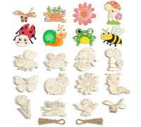 AOOTE Artigianato in legno per dipingere bambini kit,36 pezzi attività manuale, kit in legno con 12 modelli di decorazioni vergini con 36 corde in canapa e fori