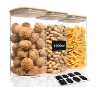AOOTE Barattoli di Cucina in Vetro, Set di 3 Barattoli in Vetro Borosilicato, 1500ml Barattolo Vetro con Coperchio, Barattolo e Contenitori con Etichette, per Cereali, Pasta, Zucchero, Caffè, Spezie