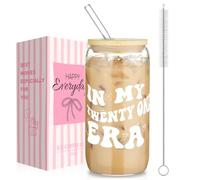 AOOTE Bicchiere In Vetro Da 16 Oz, 500ml Bicchieri con coperchio e Cannuccia, Regali Compleanno 21 anni, con Spazzole Bicchieri, per Acqua, Cocktail, Latte, Milkshake, Succhi, Smoothies, Birra, Caffè