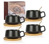 AOOTE Set di 4 Tazze da Cappuccino con Piattino, 280 Ml/Set di Tazze e Piattini/Eleganti e Moderne Tazze da Caffè in Gres, per Tè Caffè Cappuccino, Tazze da Caffè con Disco in Legn
