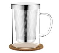 AOOTE Tazza da tè in Vetro, 500ml Tazza da tè con Filtro in Acciaio Inox e Coperchio, Tazza da Tè in Vetro Borosilicato Con Sottobicchiere in Sughero per caffè Succo Bevande Gassate Latte Yogurt