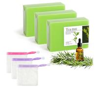AOOWU 3 pcs Saponette al Tea Tree, Sapone Naturale All'olio di Tea Tree con Retine per la Schiuma, per Mani Viso e Corpo, Detersione Delicata, Adatta a Tutti Tipi di Pelle, con Profumo Fresco