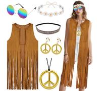 AOOWU 6 Pezzi Costume Hippie Donna anni 70, Costume Hippie Donna Anni 60 Anni 70, Gilet Nappa Occhiali da Sole Collana Orecchini Cerchietto Adatto Discoteca Festa di Halloween Natale Carnevale