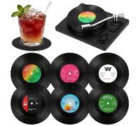 AOOWU 6 Pezzi Sottobicchieri Divertenti in Vinile Retrò, Bevande Musicali Creativi Sottobicchieri, con Giradischi, Tappetino Antiscivolo Tazza, per Caffè Tè Boccale di Birra Vino in Vetro Casa e Bar