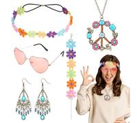 AOOWU Accessori Hippie Donna, 5 Pezzi Anni 70 80 Hippie Accessori Donna, 60s Accessori per Feste con Occhiali, Cerchietto Girasole ecc, per Discoteca Costume Carnevale Halloween