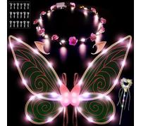 AOOWU Ali da fata, ali di farfalla per bambini, mantello da fata, angelo da principessa, set con bacchette, corona, orecchie, fascia con fiori, adesivo con diamanti per Halloween, compleanno, Natale