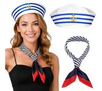 AOOWU Cappello Marinaio e Sciarpa Set per Uomini e Donne, Cosplay Carnevale | Costume Capitano Marinai Berretto Blu Navy, per Festa in Costume, Feste a Tema Nautico, Halloween