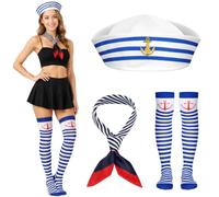 AOOWU Cappello Marinaio e Sciarpa Set per Uomini e Donne, Cosplay Carnevale | Costume Capitano Marinai Berretto Blu Navy, per Festa in Costume, Feste a Tema Nautico, Halloween