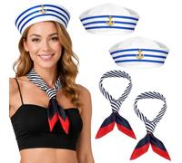 AOOWU Cappello Marinaio e Sciarpa Set per Uomini e Donne, Cosplay Carnevale | Costume Capitano Marinai Berretto Blu Navy, per Festa in Costume, Feste a Tema Nautico, Halloween
