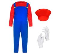AOOWU Costume Bambino, 4PZ Costume Videogiochi Bambini con Cappello + Guanti + Barba, Bambini Vestito Cosplay, Vestito di per Compleanno, Halloween, Carnevale, Feste per Ragazzi