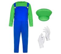 AOOWU Costume Bambino, 4PZ Costume Videogiochi Bambini con Cappello + Guanti + Barba, Bambini Vestito Cosplay, Vestito di per Compleanno, Halloween, Carnevale, Feste per Ragazzi