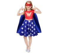 AOOWU Costume da Bambina Super-girl, 3 Pezzi Vestito Wonder-girl Costume Carnevale Bambina con Maschera, Super Girl Vestiti Carnevale Bambina per Halloween, Cosplay, Festa(130cm)