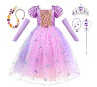 AOOWU Costume da Principessa Rapunzel per Bambina, Vestito Rapunzel con 6 Accessori, Abito da Principessa Viola, Cosplay Halloween Carnevale Abito per Ragazze(100)