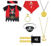 AOOWU Costume Pirata per Bambini, 9 Pezzi Accessori Costume da Pirata, M | Costume da Pirata con Bandana, Maglia, Pantaloni, Benda Sull'occhio, Orecchini, Monete d'oro per Carnevale Halloween Cosplay
