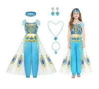 AOOWU Costume Vestito Jasmine Principessa per Ragazza Bambini, 7PCS Set Jasmine Principessa Abiti Ragazze con Orecchini, Collana, Anelli, Cerchietti, per Festa Danza Compleanno Halloween Cosplay