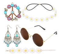 AOOWU Hippie Costume Set Retrò, Accessori Bohemia Set Costume, Stile Vintage Anni 60 Anni 70 Hippie Accessori, Occhiali da Festa Hippie, Orecchini, Cerchietto con Girasole, Collana con Segno di Pace