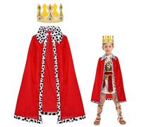 AOOWU Mantello Reale da Principe Con Corona, Costume da Re Bambino, Set Rosso per Halloween Carnevale e Feste a Tema (80CM-Bambino)