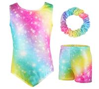 AOOWU Set Ginnastica 3 Pezzi, Leotard Y-Neck Pantaloncini, Danza Gradient Colour Sparkle Manica Lunga/Senza Maniche
