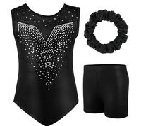 AOOWU Set Ginnastica 3 Pezzi, Leotard Y-Neck Pantaloncini, Danza Gradient Colour Sparkle Manica Lunga/Senza Maniche