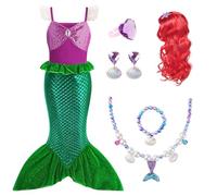 AOOWU Vestito Sirenetta Bambina, Costume da Sirenetta Con Parrucca, Ariel Bambine Sirena Con 5 Pezzi Accessori, Costumi Cosplay per Halloween, Natale, Compleanno