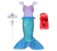 AOOWU Vestito Sirenetta Bambina, Principessa Cosplay con Parrucca, Costume | Sirena Costume per Halloween, Natale e Compleanno, Cosplay Principessa, Travestimento, Parrucca Inclusa, Qualità e Durevole