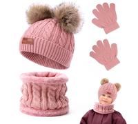 Aoreun 3 in1 Inverno Berretto Scaldacollo Guanti Set, Set di guanti invernali per bambini, Caldo Cappello a Maglia con pompon per Ragazzo e Ragazza 2-8 Anni Attività all'aperto -Rosa