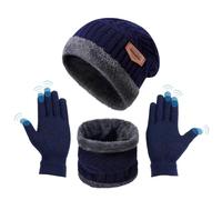 Aoreun 3in1 Inverno Berretto Scaldacollo Guanti Set, Cappello Sciarpa Guanti Invernale Set Uomo Donna 3 Pezzi Touch Screen Cappellino in Maglia per Outdoor Sport Running Bici Sci Moto - blu scuro
