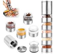 Aoreun Set di spezie da viaggio, 5 in 1, con macina per spezie, in acciaio inox, portatile, mini set di barattoli per spezie con coperchio, mini saliera e spezie, per viaggi, picnic, barbecue,