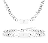 Aospkle 2 collane cubane con lettera iniziale, ciondolo a forma di lettera dalla A alla Z, catena a maglia cubana in argento, per uomo e donna, set di gioielli per S, Acciaio inossidabile, Nessuna