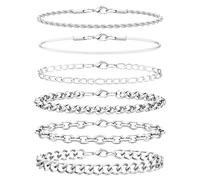 Aospkle Set di 6 braccialetti in acciaio inox per uomo e donna, argento, oro, nero, cubano, corda, serpente, catena a grano e graffette, set di gioielli ro, 7/8/9 pollici, 8 inches, Acciaio