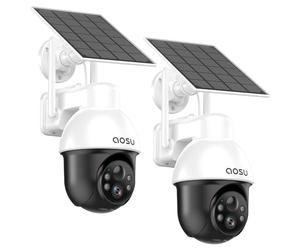 aosu 3K Telecamera WiFi Esterno Senza Fili Solare, 5MP 360° PTZ Panorama, Auto Tracking AI Rilevamento Persone Veicoli, Visione Notturna a Colori, Allarme Luminoso e Sonoro, 2 Vie Audio, 2 Pz