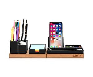 Aothia Organizer da scrivania con portamatite regolabile, supporto per telefono, vassoio per foglietti adesivi, portaoggetti per accessori da scrivania, organizzazione desktop per casa/ufficio(Nero)