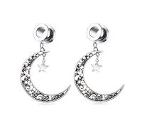 Aotiwe 2 calibri unici per orecchie, orecchini in argento vintage con luna e stella pendenti in acciaio inox, 00G, Acciaio inossidabile, Non pietra preziosa
