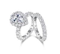 Aotiwe Anelli dell'amicizia, set di 2 anelli di fidanzamento con moissanite a forma di pera da 7 x 11 mm, in argento, oro bianco/platino, L 1/2, Platino, Moissanite