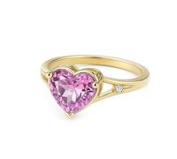 Aotiwe Anello da donna alla moda, set di fedi nuziali a forma di cuore con zaffiro rosa creato in laboratorio e diamante oro bianco, M 1/2, Oro giallo 9 carati, Zaffiro rosa creato in laboratorio