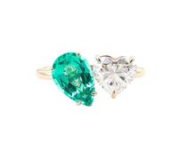 Aotiwe Anello da donna per dito medio, anello aperto con 4 artigli, gocce d'acqua, smeraldo e taglio a cuore, moissanite, oro 18 carati, 56 (17.8), Oro giallo 18 carati, smeraldo artificiale
