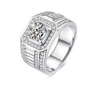 Aotiwe Anello da uomo, lucido, largo con quattro griffe, moissanite rotonda, 1 ct, 65 (20.7), Oro bianco 9 K, Moissanite