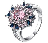 Aotiwe Anello di fidanzamento da donna, anello Aesthetic fiore con zirconi rosa e blu argento rosa, 61.5, Placcato argento, zirconia cubica