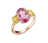 Aotiwe Anello di fidanzamento da donna, in oro bianco, con 3 pietre, zaffiro rosa e zaffiro giallo, M 1/2, Oro rosa 9 carati, Zaffiro rosa creato in laboratorio
