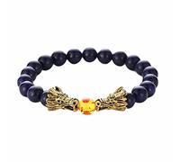 Aotiwe Bracciale con perle da donna, bracciale a cerchio in metallo con perline di doppio drago in pietra vulcanica di lava, 19cmx8mm, Acciaio inossidabile, lapislazzuli