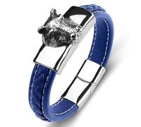 Aotiwe Bracciale da uomo in pelle intrecciata, stile occidentale, con testa di maiale e ornamenti in acciaio inox, 16.5CM, Colore: blu, Nessuna pietra preziosa
