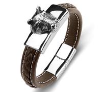 Aotiwe Bracciale da uomo in pelle intrecciata, stile occidentale, con testa di maiale e ornamenti in acciaio inox, 16.5CM, Marrone, Nessuna pietra preziosa