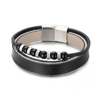 Aotiwe Bracciale da uomo largo, cinturino in pelle da uomo largo doppio strato nero perla in acciaio, 22CM, Pelle, Senza Gemstone