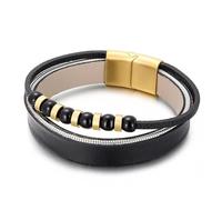 Aotiwe Bracciale da uomo largo, cinturino in pelle da uomo largo doppio strato nero perla in acciaio, 22CM, Pelle, Senza Gemstone