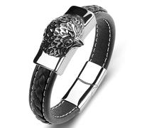 Aotiwe Bracciale in pelle da uomo, semplice gufo con ornamenti in acciaio inox, 18.5CM, Colore: nero, Nessuna pietra preziosa