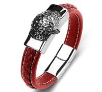 Aotiwe Bracciale in pelle da uomo, semplice gufo con ornamenti in acciaio inox, 18.5CM, Rosso, Nessuna pietra preziosa